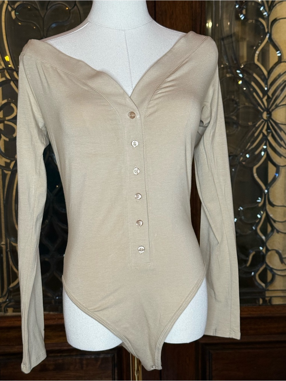 Line by K Taupe Off Shoulder Henley Bodysuit XL